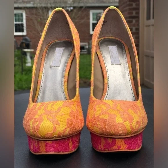 RACHEL ROY KEEDAN Orange Yellow Pink Lace Platform Pump Stilettos Heels Size 6 - Picture 5 of 16